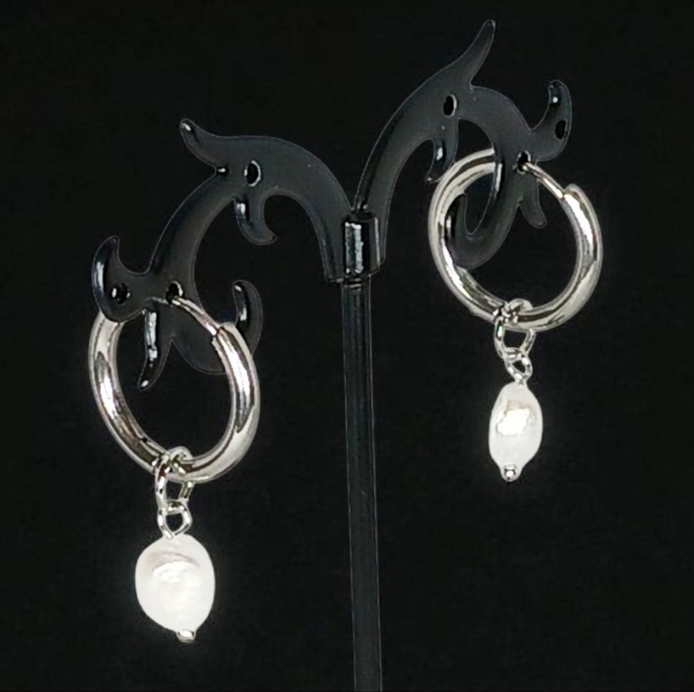 Silver Hoops Interchangable Pearl & Hot Pink Enamel Charms Mod 1960s Dopamine - Picture 6 of 10